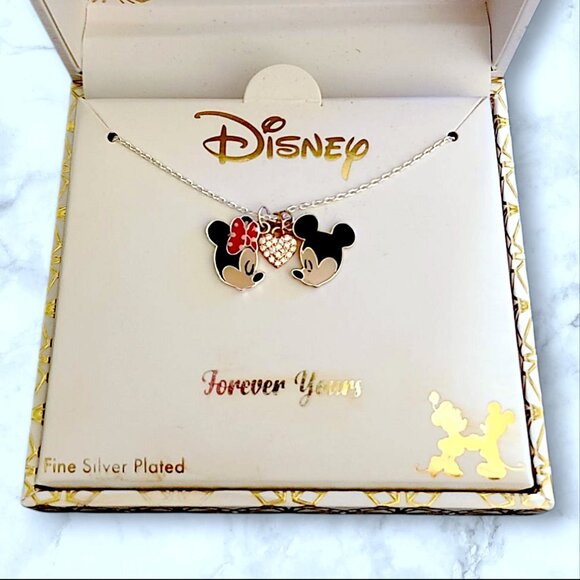 NIB Disney 'Forever Yours' Mickey and Minnie Heart Necklace - Fine Silver Plated - Picture 1 of 4